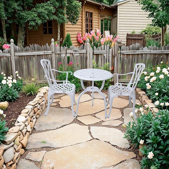 3-Piece Cast Aluminum Patio Bistro Set, Outdoor Rust-Resistant Furniture with 2 Chairs and Table (White)