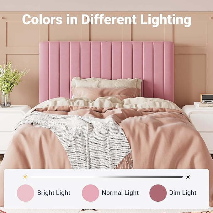 Allewie Twin Bed Frame, Velvet Upholstered Platform Bed with Adjustable Vertical Channel Tufted Headboard, Mattress Foundation with Strong Wooden Slats, Box Spring Optional, Easy Assembly, Pink