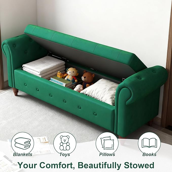 GNIXUU Ottoman with Storage Bench for Bedroom, 63" Velvet Upholstered End of Bed Storage Bench Seat, Rolled Arm Cushioned Ottoman with Wood Legs, Modern Window Chair for Living Room, Entryway, Green