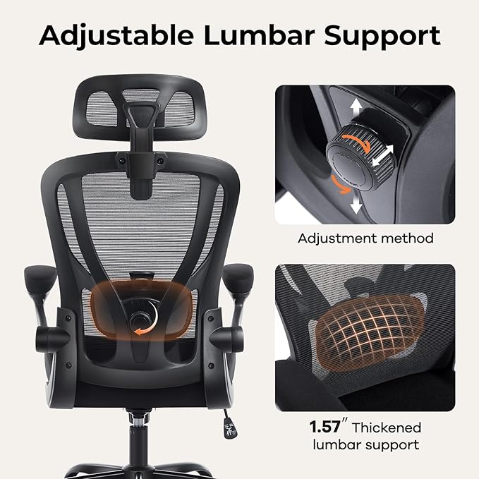 Office Chair Ergonomic Office Chair with Lumbar Support, Head Support, Rocking Function, FILP-up Armrests, Mesh High Back Chair Home Office Desk Chair, Suitable for Home, Office, Black
