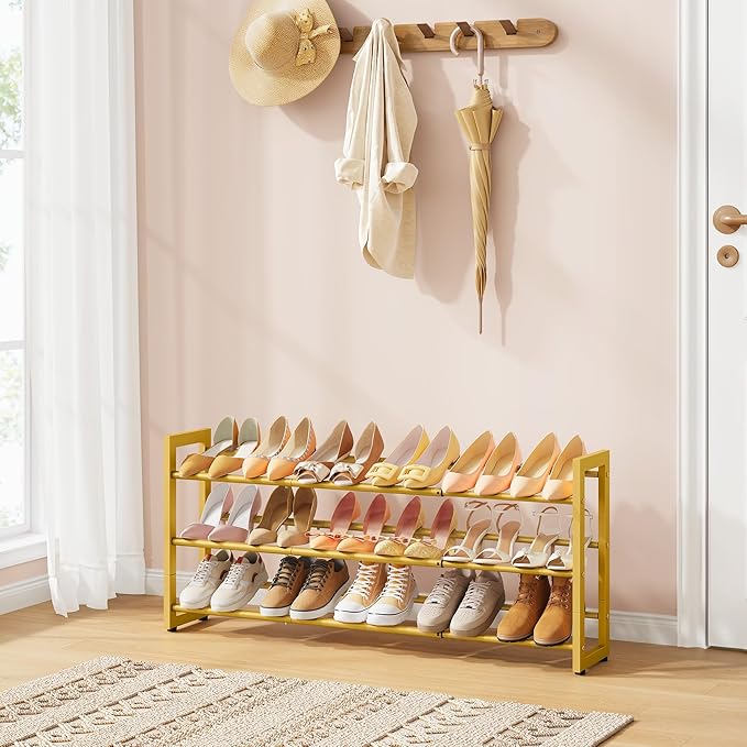 FAVOOSTY 3-Tier Expandable Shoe Rack, Adjustable Shoe Shelf Storage Organizer Space Saving Metal Free Standing Shoe Rack for Entryway Closet Doorway, Gold