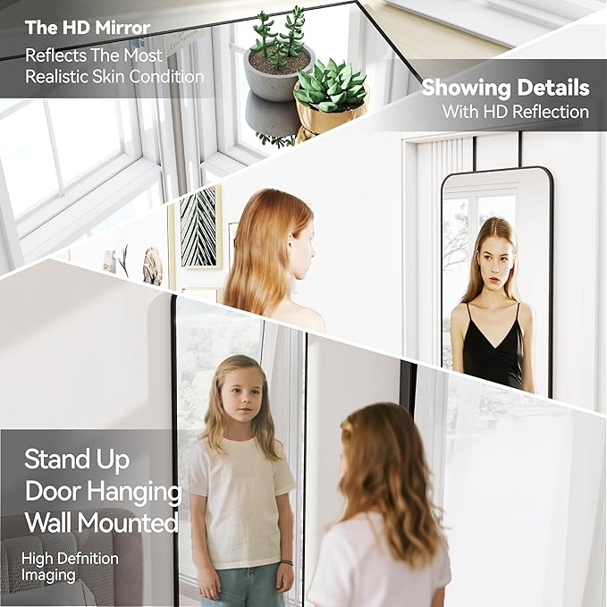 57x20 Door Hanging Full Length Mirror, Floor (Height 5.7ft just Body in 1.3ft) or Wall Mounted Metal Frame Rectangle Dressing Mirrors for Bedroom Bathroom Living Room 57 inch Black