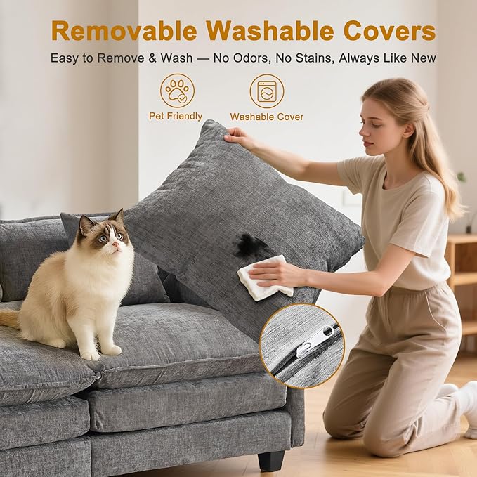 77" Cloud Chenille Sectional Sofa with 2 Ottoman｜Modular Couch with 29.1" Deep Seat｜FSC Solid Wood Frame｜Easy Assembly & 1YR Guarantee｜for Apartment Living Room (Grey, 77 Inch（U）)