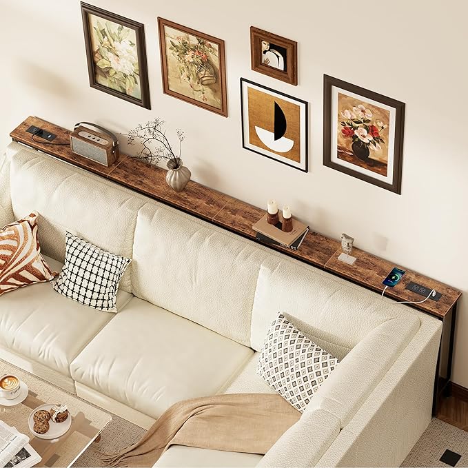 SUPERJARE 110.2 Inch Sofa Table with Power Outlets and USB-C Ports, 5.9 Inch Narrow Console Tables, Entryway Hallway Couch Tables with Storage, Behind Sofa, Small Spaces, Living Room, Rusitc Brown