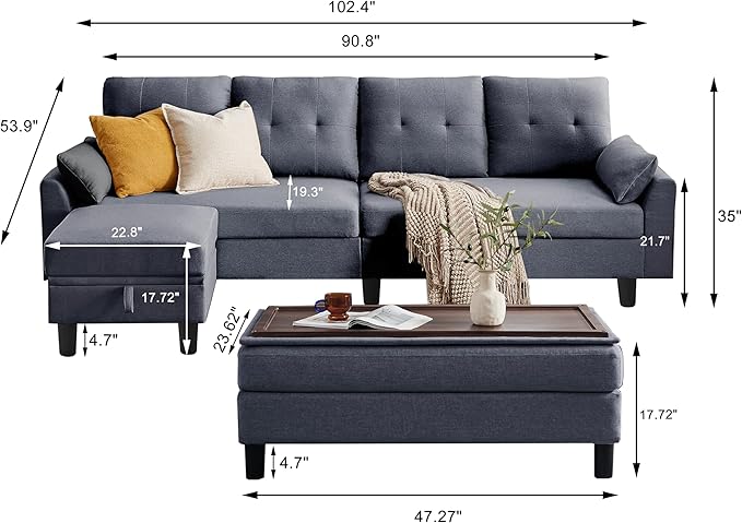 102" L-Shape Sofa Couch, Couch with Ottoman Coffee Table, 4 Seat Modern Sofa with Removable Cover for Apartment and Living Room, Light Grey