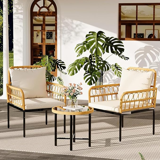 3-Piece All-Weather Wicker Rattan Bistro Patio Furniture Set with Glass Table and Thick Cushions, Beige - Ideal for Balcony, Garden, Backyard, and Poolside Conversation