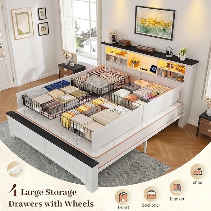EnHomee Queen Bed Frame with Headboard, Bed Frame Queen Size with 4 Storage Drawers, Queen Bed with LED Lights & Charging Ports,No Box Spring Needed,NO Noise,Wooden, White