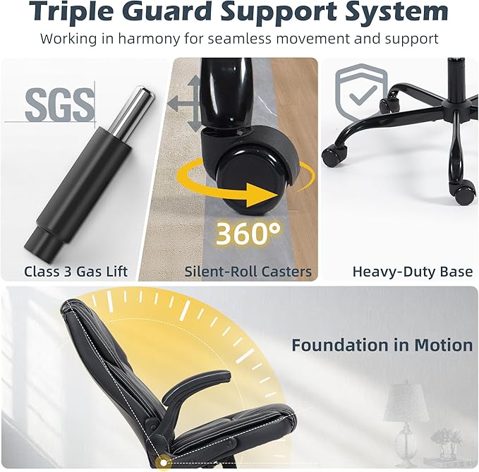 Office Chair - Executive Leather High Back Office Desk Chair with Rocking Function - Ergonomic Breathable Comfortable Wide Swivel Rolling Gaming Computer Chair with Flip-up Armrests & Lumbar Support