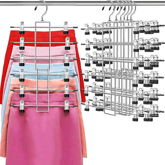 Pants Hangers with Clips,Space Saving Hanging Closet Organizer-6 Tiers Skirt Hangers with 360° Swivel Hook,Closet Organizer-Clothes Hangers- College Dorm Essentials Apartment Essentials- 6 Pack