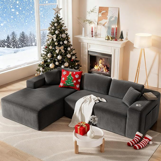 108” Cloud Sectional Couch in One Box, Compressed Modular Sectional Sofa with Deep Seat, Corduroy Boneless Couches, L-Shaped Sofa for Living Room, 4 Storage Pockets(Left Facing Chaise, Grey)