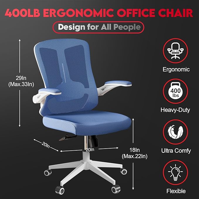 Ergonomic Office Chair - 400LB Comfy Desk Chairs with Adjustable Headrest and Lumbar Back Support, Mesh Computer Chairs with Wheels and Arms for Home Office, Study, Bedroom and Dorm (03blue)