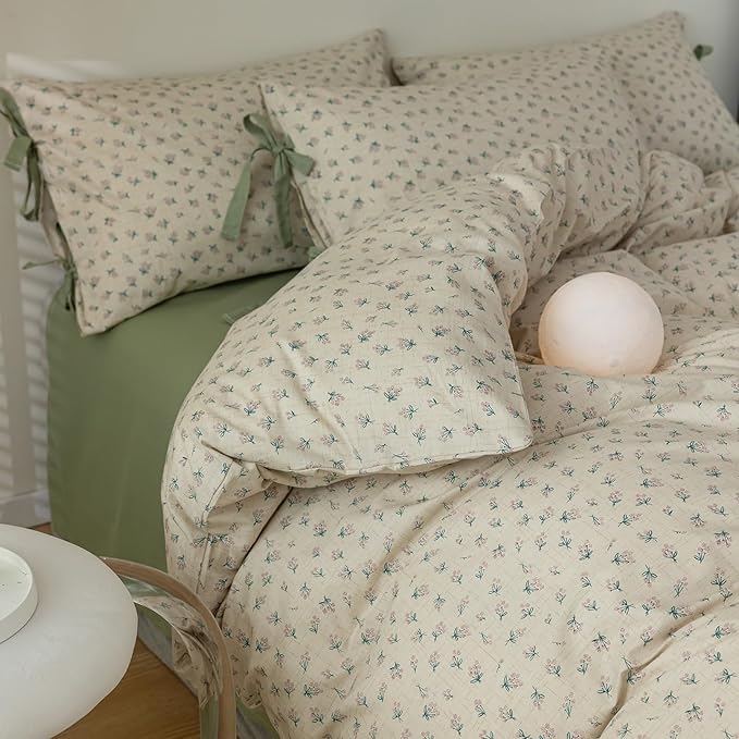 Cotton Duvet Cover King Chic Aesthetic Green Floral Comforter Cover Vintage Cottagecore Style Duvet Cover with 2 Bowknot Pillowcases Garden Flower Botanical Bedding Duvet Cover with Zipper Closure