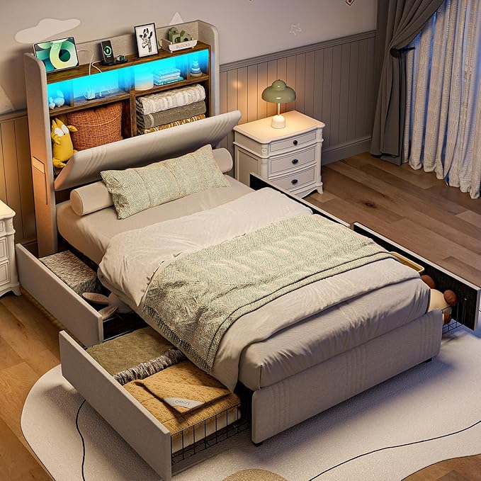 IKIFLY Twin XL Bed Frames with Hidden Storage Headboard & 4 Drawers, 49.2” Tall Upholstered Wingback Headboard with LED Lights and Charging Station, No Box Spring Needed, Solid Wood Slats, Light Grey