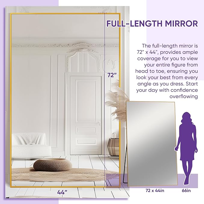 Full Length Mirror, 72"x44" Floor Mirror Freestanding, Oversized Floor Standing Full Body Mirror with Stand for Bedroom, Hanging Mounted for Living Room Cloakroom, Gold, Rect