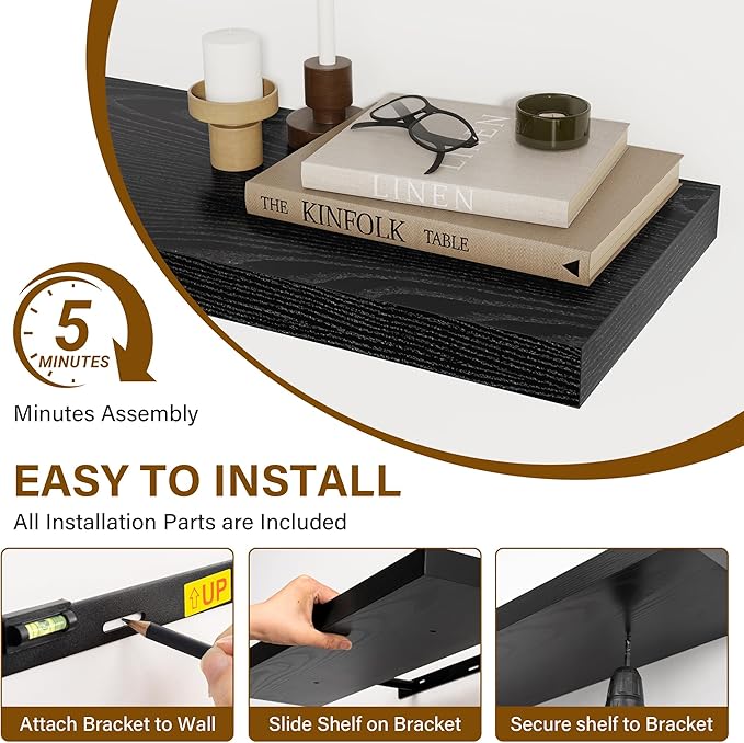 Fun Memories 55 Inch Floating Shelves for Wall 2 Pack Shelves for Bedroom|Kitchen|Bathroom Wall Mounted Rustic Wood Floating Shelf with Invisible Brackets for Books|Storage|Decor, Black