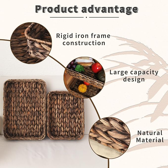 Water Hyacinth Woven Serving Tray Rectangular Hand-Woven Wicker Storage Trays for Coffee/Breakfast/Dessert/Fruit/Bread (Brown-Large)