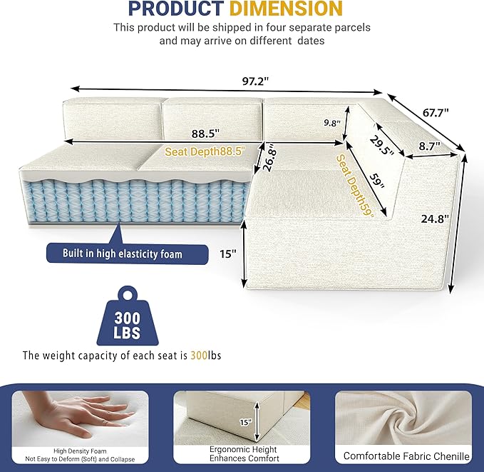 97" Sectional Compressed Sofa Modular Couches,High-Density Foam No Assembly Required,3-Piece(1xCorner 3xArmless) for Living Room, Chenille Beige White