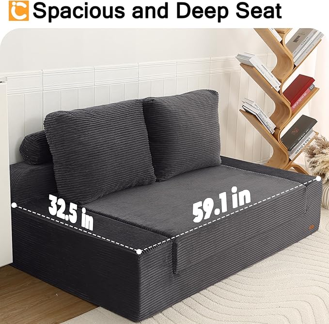 COMAX Convertible Sofa Bed Queen, Folding Floor Couch Corduroy Fold Out Couch Bed Sleeper Mattress with Back Pillows, Boneless Pull Out Loveseat Comfy Futon Lounge for Living Room Bedroom, Grey