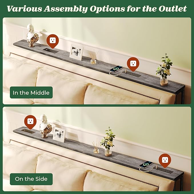 SUPERJARE 5.7 Inch Console Table with Outlet, Sofa Table, Behind Couch Table, 5.7 x 39.4 x 29.7 Inches, Metal Frame, Charging Station, Charcoal Grey