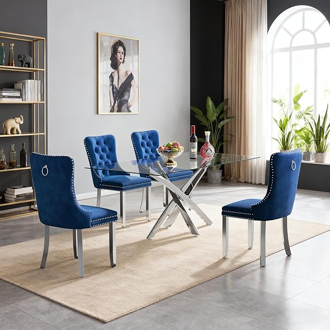 Goujxcy 51" Glass Dining Table Set for 4, Modern Kitchen Table and Chairs Set w/Steel Legs, 5-Piece Dining Table Set w/Glass Silver Dining Table and 4 Blue Velvet Chairs for Kitchen Dining Room