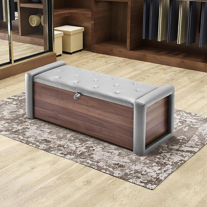 48" Large Storage Ottoman Bench, Faux Leather Upholstered Bed Bench with Button Tufted, End of Bed Ottoman with Safety Hinge for Bedroom, Living Room, Window，or Entryway, Drak Grey Shoe Storage Chest