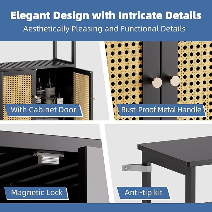 HITNET Bamboo Floor Cabinet, Bathroom Storage Cabinet with 2 Rattan Doors and Shelves, Space Saving Freestanding Kitchen Cupboard, Black