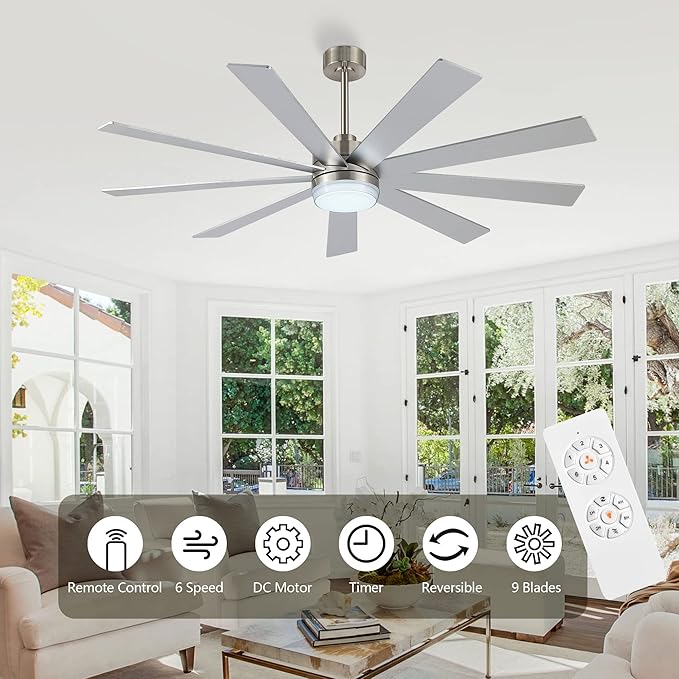 64" Ceiling Fan with Light Silver, 6-Speed Remote Control, Reversible DC Motor, Modern 9 Blades with 4.5"/12" Downrods for Home or Commercial, Living Room/Restaurant