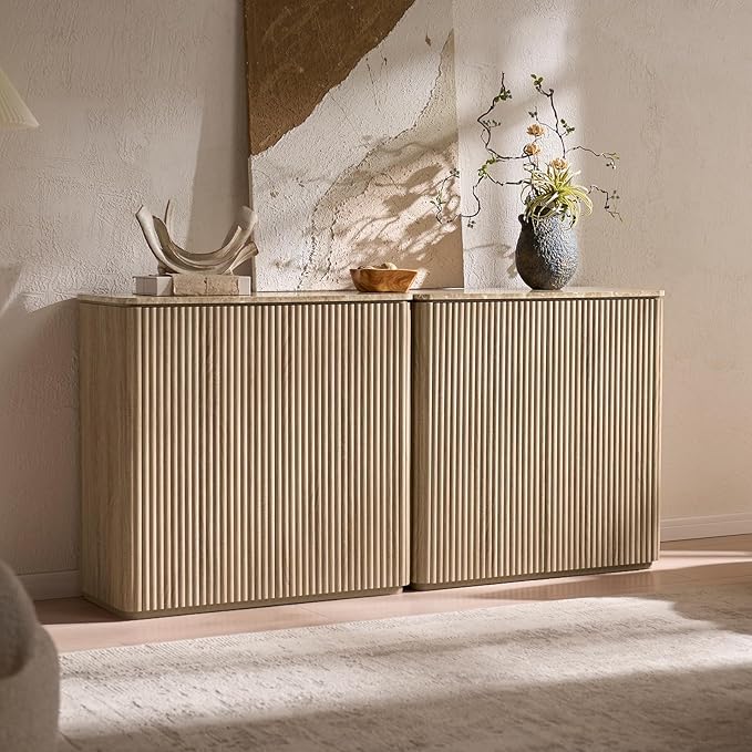 Fluted 2 Doors Sideboard Cabinet with Storage-Wooden Credenza w/Shelves, Faux Marble-Top Coffee Bar Console Table, Modern Buffet Cabinet for Dining, Kitchen, Living Room, Entryway, Natural Oak, 2pcs