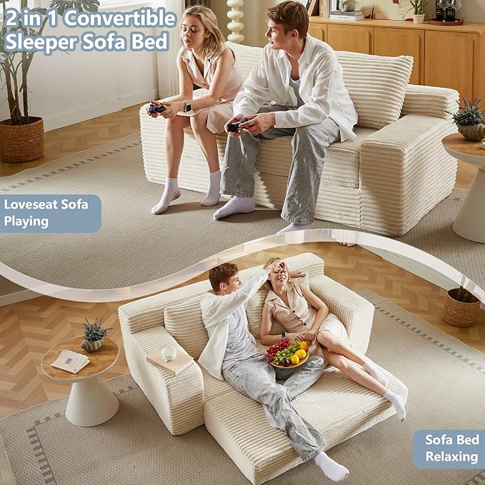 70.87" Loveseat Sofa Bed - Corduroy Upholstered, Comfy Deep Seat & Modern Design - Small Space Friendly, No Assembly Needed - Ideal for Living Room, Bedroom, Apartment, Home Office, Beige