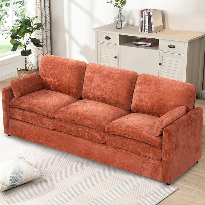89" Chenille 3 Seats Sofa with 2 Pillows, Modern Upholstered Sofa with Deeper Seats, Comfy Sofa with Thickened Cushions for Living Room, Apartment, Orange