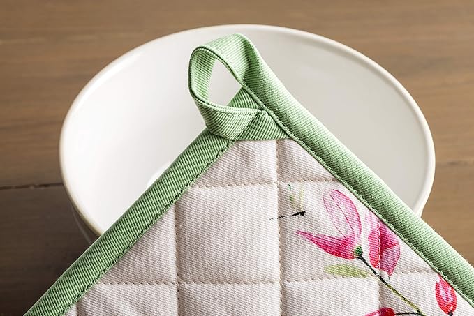 Maison d' Hermine Pot Holders set 100% Cotton Heat Resistant Potholders 8" x 8" Hot Pads with Loop BBQ, Cooking, Baking, Grilling, Kitchen, Handling Hot Pans Spring/Summer (Pack of 2, Botanical Fresh)