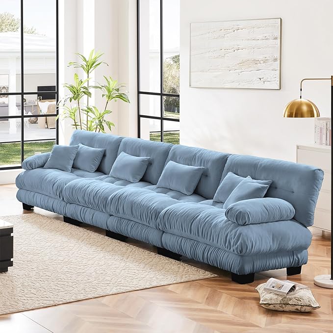 173.2" Oversized Couch, 4 Seater Modular Sectional Sofa, Blue Large Sectional Couches for Living Room, Fluffy Chenille Fabric Cloud Couch with 5 Pillows, Deep Seat Sofas