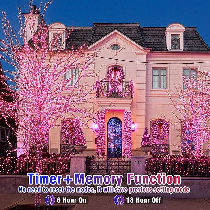 500 LED Pink String Lights 165ft Pink Christmas Lights Outdoor Waterproof 8 Modes Clear Wire, Plug in Twinkle Fairy Lights for Bedroom Indoor Wedding Christmas Decorations