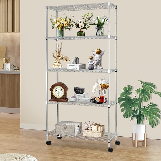 FDW | 5-Tier Wire Storage Shelves with Wheels | 30"x14"x61" | Chrome | Adjustable Racks | Heavy-Duty Metal Shelf, Holds Upto 220 lbs | Tool-Free Assembly, Rust-Resistant | for Home & Garage Shelving