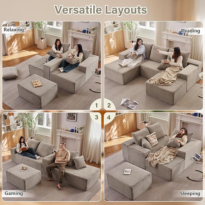 107" L-Shape Sofa with Ottoman, Modern Modular Sectional Comfy U-Shape Cloud Couch, Deep Seat, Upholstered Corduroy Sleeper Chaise Longue for Living Room Bedroom, No Assembly Required, Camel