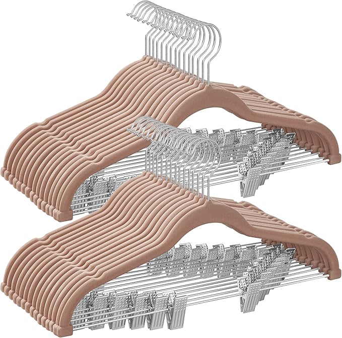 SONGMICS 30-Pack Pants Hangers, 16.7-Inch Long Velvet Hangers with Adjustable Clips, Heavy-Duty, Non-Slip Skirt Hangers, Space-Saving for Pants, Skirts, Coats, Dresses, Pale Brown UCRF012LB30