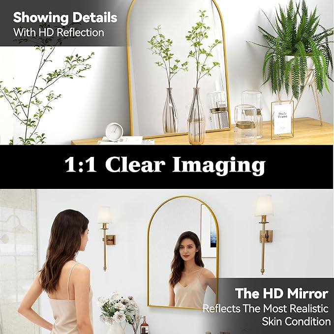 30x20 Arch Mirror Rectangle Wall Mounted Hanging or Against Wall Metal Aluminum Alloy Frame Mirrors for Entryway Bedroom Bathroom Living Room 30 20 inch Gold