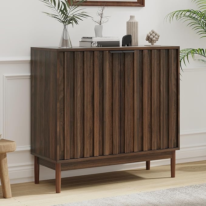 Fluted Cabinet with Storage, Buffet Cabinet Sideborad with Door, Kitchen Buffet Storage Accent Cabinets with Adjustable Shelves for Living Room, Entry, Hallway, Brown, Walnut
