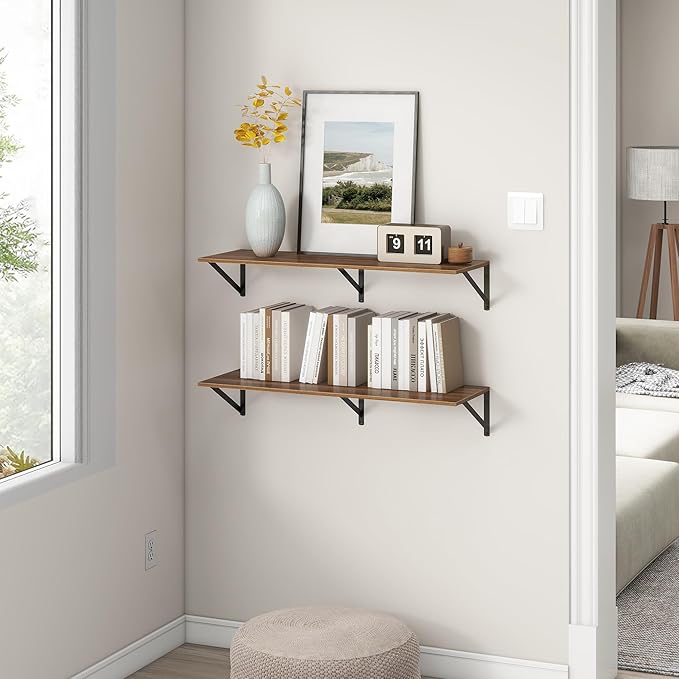 36"W x 12"D Floating Shelves, Walnut Deep Floating Shelves for Wall with Brackets, 12 Inch Deep Wall Shelves for Books, Wide Display Storage Shelves for Bathroom, Living Room, 36 Inch Long, Set of 2