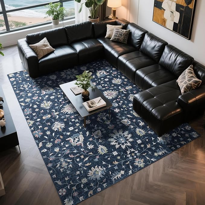 Washable Rugs 8x10 Area Rugs for Living Room,Bedroom,Dining Room- Soft Low Pile Stain-Resistant Carpet with Non-Slip Rubber Backing,Vintage Large Area Rug for Nursery Home Office Decor