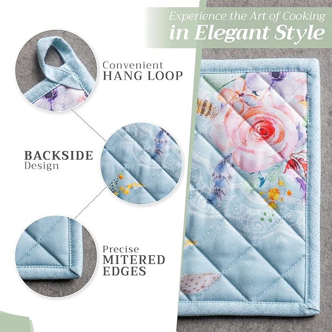 Maison d' Hermine Pot Holders Set 100% Cotton Heat Resistant Potholders 8" x 8" Hot Pads with Loop BBQ, Cooking, Baking, Grilling, Kitchen, Handling Hot Pans Spring/Summer (Pack of 2, Ibiza)