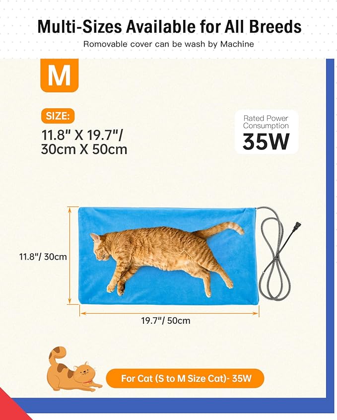 Outdoor Pet Heating Pad for Dog & Cat, Multi-Size Waterproof Heated Cat Dog Bed for Outside, Pet Heater Warmer Mat Blanket with Chew Resistant Cord for Senior Dog Cat House Whelping Box,Blue,12" x 20"