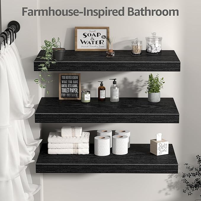 QEEIG 12" Deep Floating Shelves for Wall - 12 x 24 inch Book Shelf Bathroom Bedroom Kitchen Living Room Hanging Bookshelf Farmhouse Set of 3, Black (026-60B3)