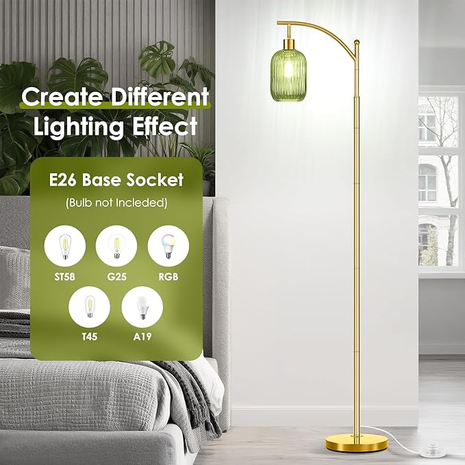 Gold Floor Lamp for Living Room with Remote Control,Unique Vintage Standing Tall Lamp,Mid Century Modern Floor Lamps Arc Green Glass Floor Lamps for Office Corner