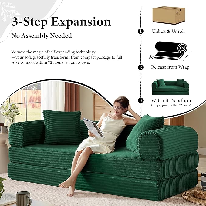 Boneless Couch Sofa Bed Sectional Couches for Living Room,Futon Cloud Couch with Sleeper Sofa,Sofas for Living Room Oversized Corduroy Upholstered (Green)