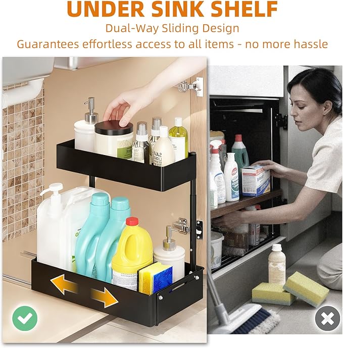 2Packs Under Sink Organizer with Adjustable Height and Width, Under Cabinet Organizer to Tidy, Sturdy Metal Design for Kitchen and Bathroom