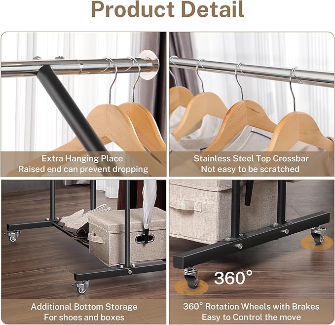 Clothing Rack, Heavy Duty Clothes Racks with Wheels and Bottom Shelf, 52.36’’ Metal Double Clothing Racks with Wheels, Wardrobe Rack for Hanging Clothes, Coats, Shirts, Skirts, Dresses, Black