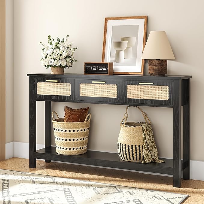 ELYKEN 51.2" Black Console Tables for Entryway, Rattan Entryway Table with 3 Drawer & Shelf, Narrow Long Sofa Table for Behind Couch Hallway, Entrance Entry Living Room