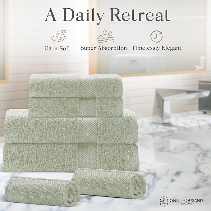Premium Staple Cotton Bathroom Towel Set - Sage Green 600 GSM 6-Piece Luxury Bath Towel Set 1 Stripe - 2 Bath Towels, 2 Hand Towels & 2 Washclothes Set - High Absorbent & Quick Dry for Gym, Spa, Hotel