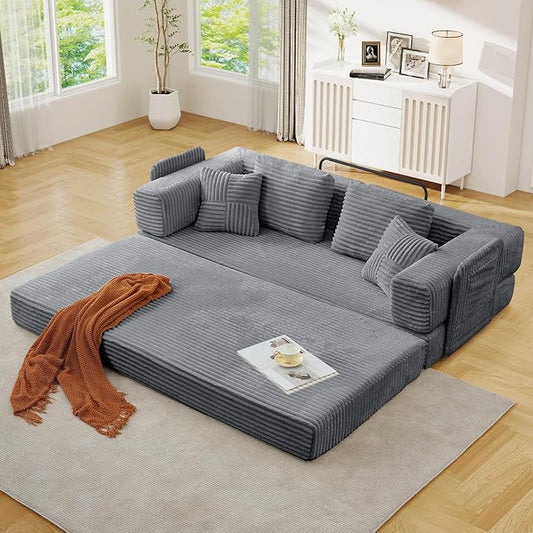 Antetek Convertible Sofa Bed, Comfy Corduroy Fluffy Love seat Sleeper Sofa, 5 in 1 Folding Couch Bed, Fold Out Floor Couch with Pillows for Bedroom, Living Room, Office, Wide Stripes, Grey